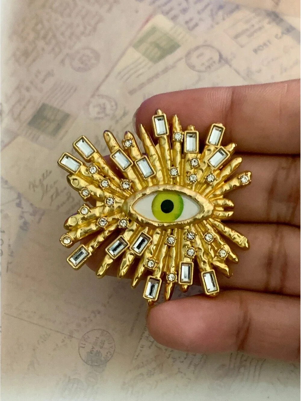Vintage Style Surrealist Sunburst Green Evil Eye Rhinestone Statement Brooch